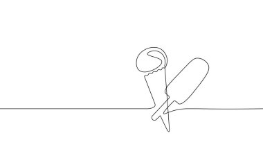 Tek sürekli tek satır sanat dondurma tatlı. Dondurulmuş waffle kepçe krem koni konsept tasarım kroki çizim vektör illüstrasyon