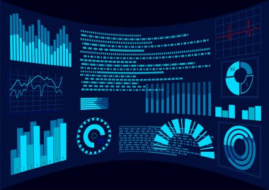 Düz mavi Hud sanal pano ekranı. Kullanıcı arabirimi dokunmatik ekran. Grafik eğilim diyagramı. Veri analizi artırılmış gerçeklik kask kontrol paneli. Gelecek teknoloji vektör illüstrasyon
