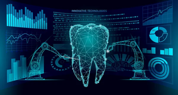 3D diş yenilik robot kol Çokgen kavramı. Stomatology sembolü düşük poli üçgen soyut ağız diş tıbbi bakım iş. Bağlı nokta parçacık modern render mavi vektör çizim
