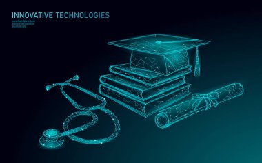 E-öğrenme mesafe tıbbı lisansüstü sertifika programı kavramı. Düşük Poly 3D render mezuniyet kapağı diploma ve stetoskop afiş şablonu. Internet eğitim kursu derece vektör illüstrasyon