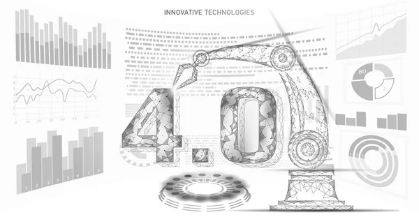 Χαμηλή πολύ μελλοντική βιομηχανική επανάσταση ιδέα. Βιομηχανία 4,0 αριθμός συγκεντρώθηκε με ρομποτικό βραχίονα. Διαχείριση του κλάδου της διαδικτυακής τεχνολογίας. απεικόνιση διανυσματικού φορέα 3D πολυγωνικού συστήματος καινοτομίας — Διανυσματικό Αρχείο