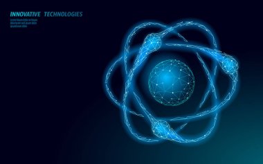 Atom yapısı bilim işareti. E-öğrenme uzaktan eğitim mezunu online kavram. Düşük poli 3d render fizik kimya tasarım afiş şablonu. İnternet eğitimi dersi derece vektör illüstrasyon
