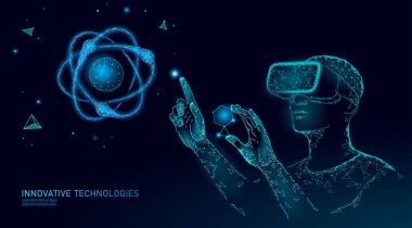 Sanal gerçeklik bilim araştırma konsepti. Proje artırılmış gerçeklik üzerinde mühendis çalışması. 3d gözlük kulaklık vr veri analizi dijital cihaz. Online tıp teknolojisi vektör illüstrasyon