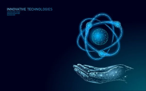 Signo de partícula átomo en las manos mapa del mundo. Armas nucleares militares peligro global. Seguridad del país de defensa del poder atómico. Arma nuclear tratado internacional violencia concepto vector ilustración — Vector de stock