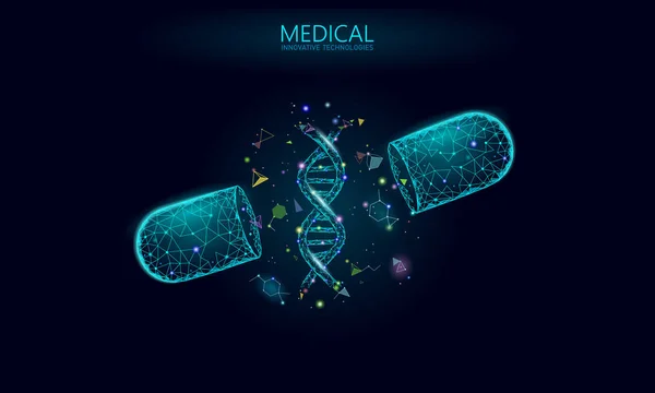 Otevřel lék kapsle medicína obchodní koncept. DNA genu terapie modrá lék prebiotický probiotické míč zdravotní péče léčit onemocnění. Antibiotická vitamin zdravotní výživa nízké poly vektorové ilustrace — Stockový vektor