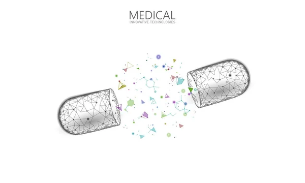 Abierto droga cápsula medicina concepto de negocio. Banner azul brillante medicamento prebiótico bola probiótica salud cura la enfermedad. Vitamina antibiótica nutrición médica baja poli vector ilustración — Vector de stock