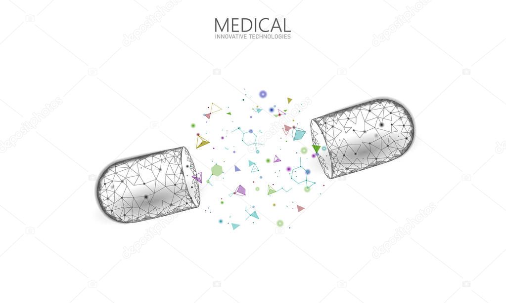 Opened drug capsule medicine business concept. Banner blue glowing medicament prebiotic probiotic ball health care cure illness. Antibiotic vitamin medical nutrition low poly vector illustration