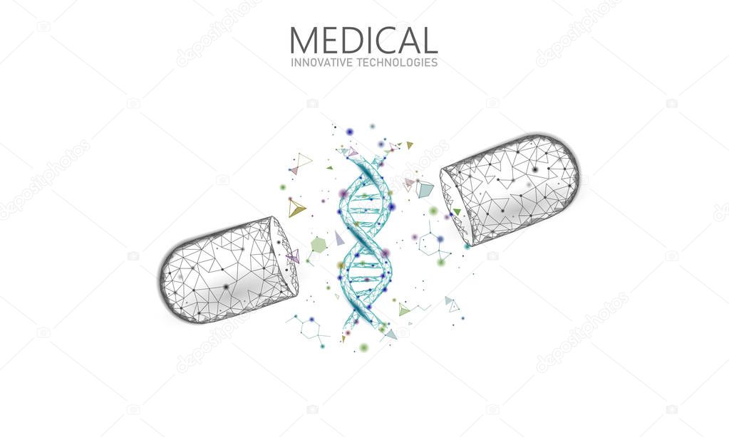 Opened drug capsule medicine business concept. DNA gene therapy blue medicament prebiotic probiotic ball health care cure illness. Antibiotic vitamin medical nutrition low poly vector illustration