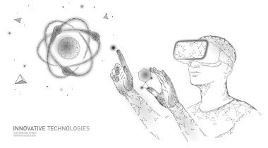 Sanal gerçeklik bilim araştırma konsepti. Proje artırılmış gerçeklik üzerinde mühendis çalışması. 3d gözlük kulaklık vr veri analizi dijital cihaz. Online tıp teknolojisi vektör illüstrasyon