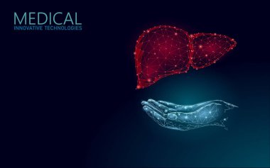 Tıbbi sembol karaciğer doktor online kavram. Tıbbi danışma uygulaması. Web sağlık tanı eczane ağ afiş. Teslimat pazarı arka plan düşük poli vektör