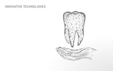Tıbbi sağlıklı insan dişi 3D. İlaç modeli düşük polimerli. Doktor online konsepti. Tıbbi danışma uygulaması. Web sağlık dişçisi stomatolog modern teknoloji vektör çizimi