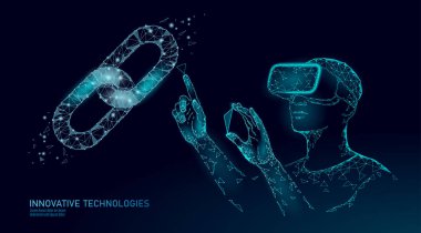 Erkek modern tüccar blockchain sistemi yönetmek. Sanal gerçeklik yardımı yönetimi veri işlemi. 3d Vr kulaklık artırılmış gerçeklik gözlüğü finans online dijital afiş vektör illüstrasyon
