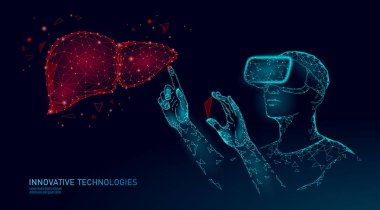 Erkek modern doktor insan karaciğerini ameliyat etti. Sanal gerçeklik yardımı lazer operasyonu. 3d Vr kulaklık artırılmış gerçeklik gözlüğü ilaç online dijital afiş vektör illüstrasyon