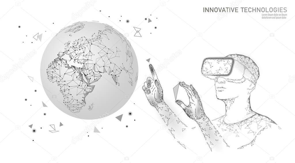 Science ecology planet Earth concept. VR headset holographic projection virtual reality glasses. Futuristic research save nature terraforming analysis architect data analysis vector illustration
