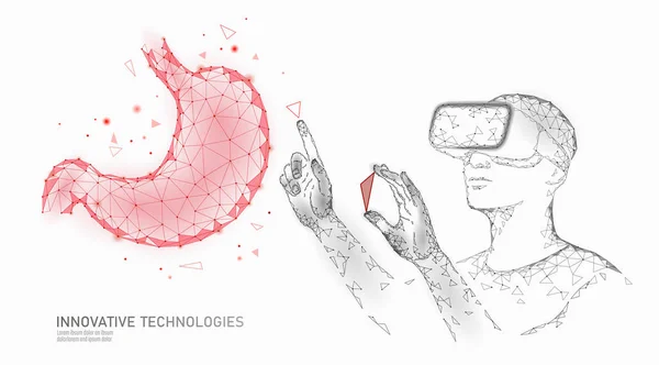 Современный мужчина врач оперирует рак желудка человека. Лазерная работа в виртуальной реальности. 3D VR гарнитура дополненная медицина очки реальности онлайн цифровая векторная иллюстрация баннера — стоковый вектор