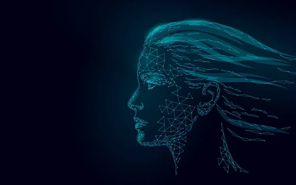 Baja polivinílico femenino tratamiento de la piel del laser de cara humana. Procedimiento de rejuvenecimiento cuidado salón de belleza. Medicina clínica cosmetología innovación tecnología. Ilustración vectorial de renderizado poligonal 3D — Vector de stock