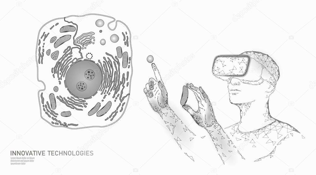 Modern medicine virtual reality cell healing. Artificial cell 3D synthesis animal human designer cell biochemistry. GMO bioethics solution vector illustration