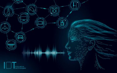 Sanal asistan ses tanıma hizmeti teknolojisi. Yapay zeka robot desteği. Chatbot genç kız yüz düşük poli vektör illüstrasyon
