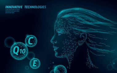 Sağlıklı cilt vitamini karmaşık düşük poli küre kabarcık. Sağlık ek kadın yüzü anti-aging güzellik kozmetik banner şablon. 3D koenzim Q10, C, E. tıp bilim vektör çizim