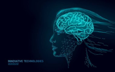 Düşük poli soyut beyin sanal gerçeklik kavramı. Kadın kadın profili zihin hayal rüya. Modern vektör illüstrasyon aktif düşünme süreci. İnsan ekstra ruh sağlığı. Sanal asistan kız Ai