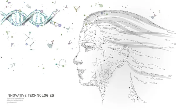 DNA molekylen behandling kosmetiska väsen 3d. Låg poly kvinnliga ansikte polygonal medicinsk skönhetsvård. Medicin gen helix strukturen vitamin anti-aging serum vektorillustration — Stock vektor