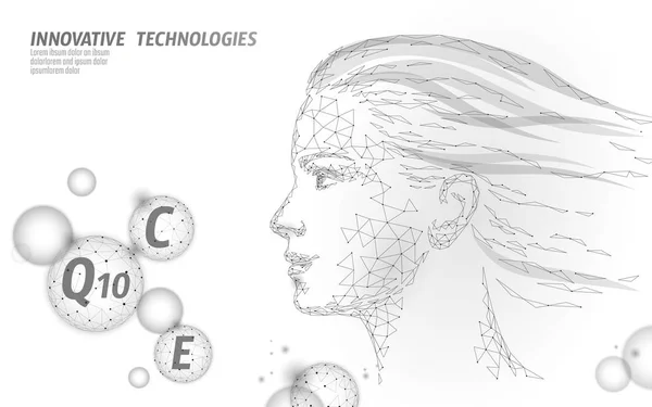 Piel saludable complejo vitamínico baja burbuja esfera polivinílica. Suplemento de salud cara femenina anti-envejecimiento cosméticos de belleza plantilla de banner. Coenzima 3D Q10, C, E. Ilustración del vector científico de la medicina — Archivo Imágenes Vectoriales