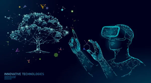 Virtual Digital Biotechnology tree engineering concept. 3D renderen vr helm Augmented Reality vitamine supplement. Medische wetenschap leven Eco veelhoek biologie toekomstig onderzoek vector illustratie — Stockvector