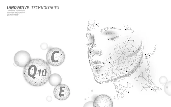 Complexo de vitamina de pele saudável bolha de esfera poli baixa. Suplemento de saúde rosto feminino anti-envelhecimento beleza cosméticos banner template. Coenzima 3D Q10, C, E. ilustração do vetor da ciência da medicina — Vetor de Stock