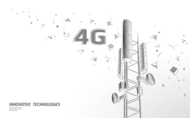3D baz istasyon alıcısı. Telekomünikasyon kule 4g Çokgen tasarım küresel bağlantı bilgi transmitteri. Mobil radyo anten hücresel vektör illüstrasyon