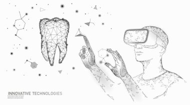 3D diş yenilik sanal gerçeklik Çokgen kavramı. Stomatoloji sembolü düşük Poly üçgen. Soyut oral diş tıbbi bakım iş. Bağlı nokta parçacık modern vektör illüstrasyon