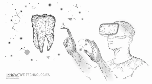 3d diente innovación realidad virtual concepto poligonal. Símbolo estomatológico triángulo poli bajo. Resumen del negocio de atención médica dental oral. Punto conectado partícula vector moderno ilustración — Vector de stock