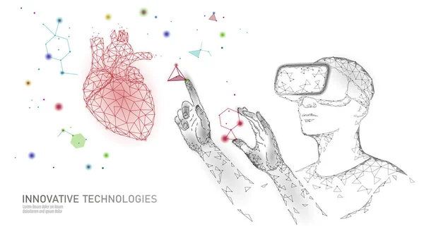 Concepto de investigación de operaciones de cardiología científica. VR gafas de realidad virtual de proyección holográfica de auriculares. Medicina futurista laboratorio de análisis de salud del corazón médico remoto ilustración vectorial en línea — Vector de stock