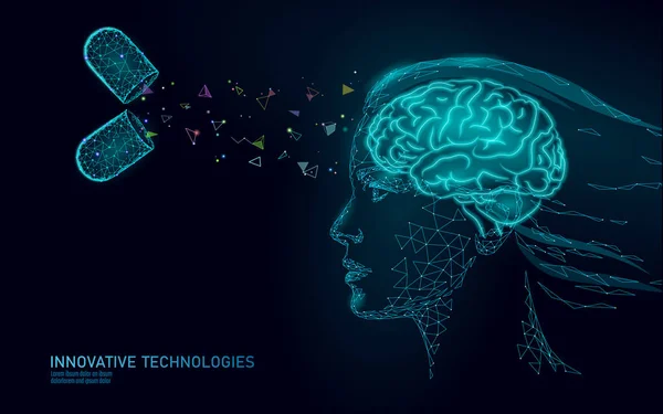 Tratamiento cerebral renderizado 3D poli bajo. Droga nootrópica capacidad humana estimulante inteligente salud mental. Medicina rehabilitación cognitiva en la enfermedad de Alzheimer y demencia paciente vector ilustración — Archivo Imágenes Vectoriales