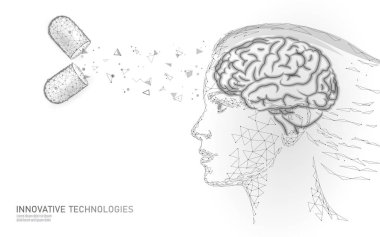 Beyin tedavi düşük poli 3d render. Uyuşturucu nootropic insan yeteneği uyarıcı akıllı ruh sağlığı. Alzheimer hastalığı ve demans hasta vektör çizim tıp bilişsel rehabilitasyon
