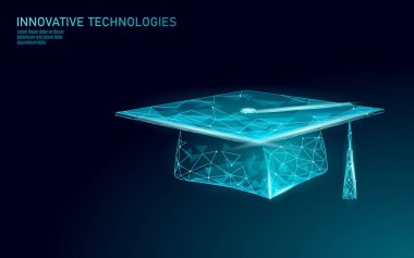 E-öğrenme uzaktan lisansüstü sertifika programı kavramı. Düşük poli 3d render mezuniyet kapağı. İş eğitimi başarı internet eğitimi ders vektör illüstrasyon