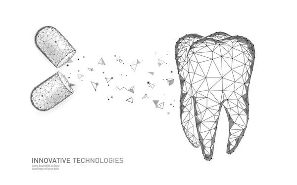 3d dente inovação odontologia conceito poligonal. Medicação droga pílula símbolo baixo poli. Restauração de esmalte abstrato odontológico odontológico negócio de cuidados médicos. Ponto conectado ilustração vetorial moderna — Vetor de Stock