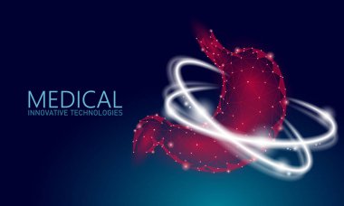 İnsan sağIıklı mide tedavi sistemi konsepti. 3D düşük polisindirim rekonstrüksiyonu teknoloji eczane afişi. Sağlık hizmeti vektör illüstrasyonu
