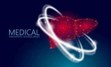 Karaciğer rekonstrüksiyonu tıbbi konsept. Eczane afişi hepatit sağlık hizmetlerini iyileştirdi. Düşük poligonal 3B parlayan vektör çizimi