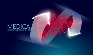 Karaciğer rekonstrüksiyonu tıbbi konsept. Eczane afişi hepatit sağlık hizmetlerini iyileştirdi. Düşük poligonal 3B parlayan vektör çizimi