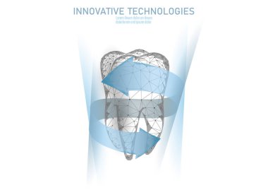 Düşük poli diş koruma tıbbi kavramı. Beyazlatma diş macunu emaye rekonstrüksiyon sağlık. Çokgen sağlıklı diş hekimliği prosedürü diş vektör illüstrasyon etrafında parlayan ok