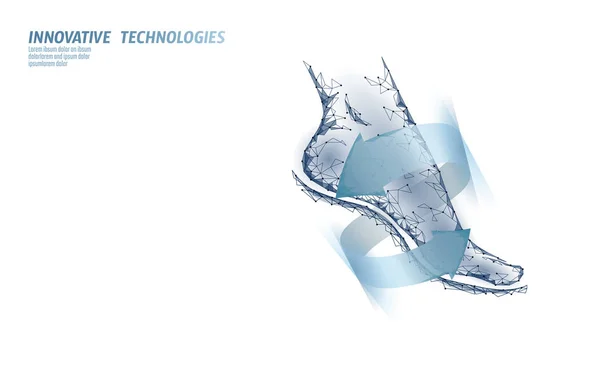 Pies humanos dedo del pie 3D baja poli rendir. Tecnología del sistema de reconstrucción de recuperación médica poligonal. Medicina cartel brillando flechas vector ilustración — Archivo Imágenes Vectoriales