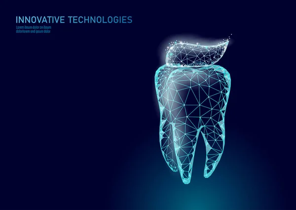 Low poly tooth protection medical concept. Cavity prevent shield toothpaste. Enamel reconstruction healthcare. Polygonal healthy dentistry procedure vector illustration — Stock Vector