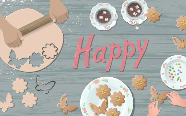 Felices vacaciones preparando cookies. Enseñando cómo hacer que la forma de la flor corte las manos del niño de la masa. Rolling dulce decoración. Mesa de madera vista superior plana lay vector ilustración — Vector de stock