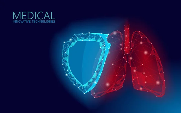 Ludzkie płuca 3D osłona ochronna medycyna Low Poly koncepcji. Trójkąt czerwony apteka Drogerie tle. Uzupełnienie rekonstrukcji odzysku wektor ilustracji — Wektor stockowy