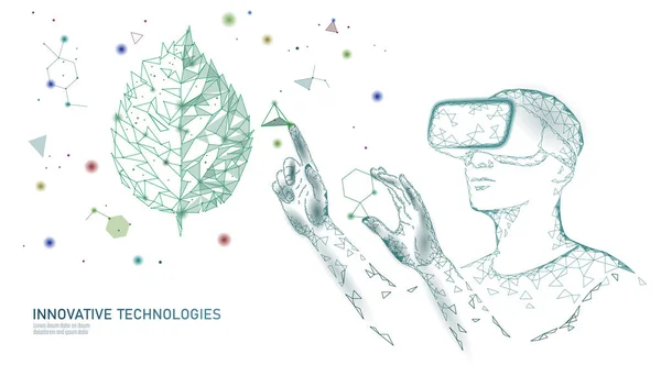 Evolución del ADN tecnología de ingeniería moderna. Gafas de realidad aumentada casco vr. Ecología naturaleza gen concepto de innovación. OGM planta de ingeniería genética ciencia orgánica vector médico ilustración — Vector de stock