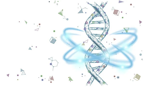 Genoterapia DNA 3D estrutura química molécula baixo poli. Linha de ponto triangular poligonal parte celular saudável. Inovação medicina azul genoma engenharia vetor ilustração futuro negócio tecnologia —  Vetores de Stock