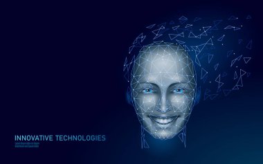 Düşük poli kadın insan yüzü biyometrik kimliği. Tanıma sistem kavramı. Kişisel verilerin güvenli erişim yenilik teknoloji tarama. 3D poligonal render vektör çizim