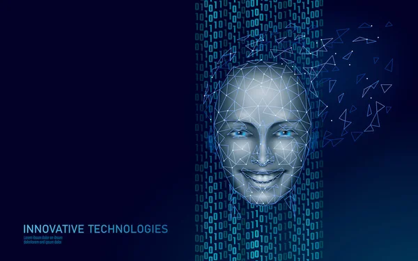 Low poly identyfikacji biometrycznej kobiece ludzką twarz. Koncepcja systemu uznawania. Danych osobowych bezpieczny dostęp innowacji technologii skanowania. 3D wielokąta renderowania wektorowego — Wektor stockowy