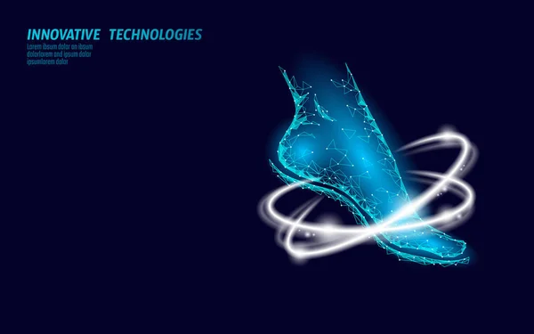 Chaussures technologie science fitness flexibilité. Femme humaine remise en forme pied anneaux lumineux. Chaussures de sport polygonales à faible poly futuriste. Illustration vectorielle bleu — Image vectorielle