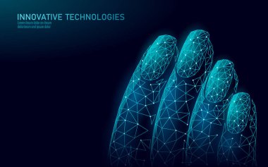 Düşük poli modern oje bakım teknolojisi. Yenilikçi spa salonu mani el parmak uçları güçlendirici formülü. Tırnak koruma kalkanı kadın kozmetik reklam konsepti vektör illüstrasyon